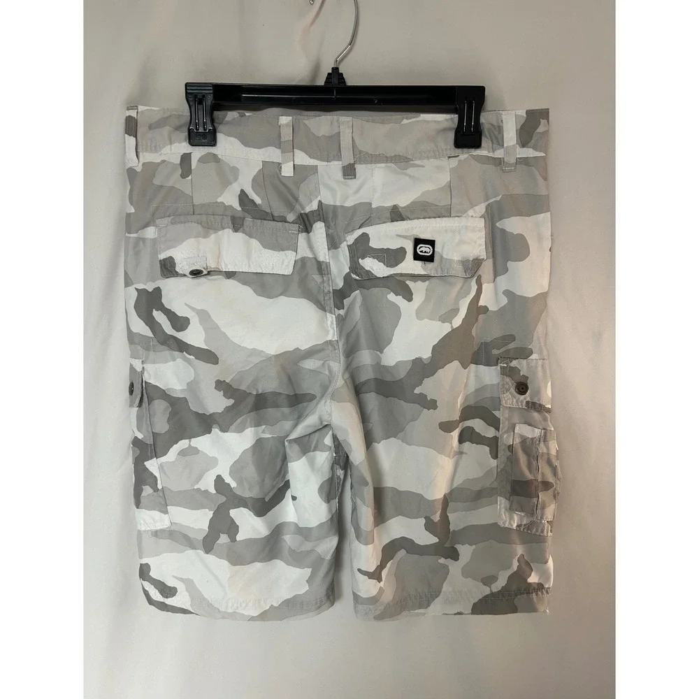 Ecko Unltd Mens Grey White Camo Cargo Shorts Size 32 Streetwear Casual Utility